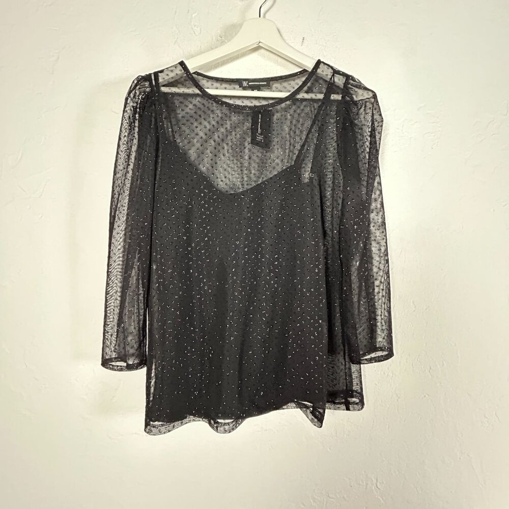INC International Concepts Womens Glitter-Dot Mesh Pullover Top PXL Black New